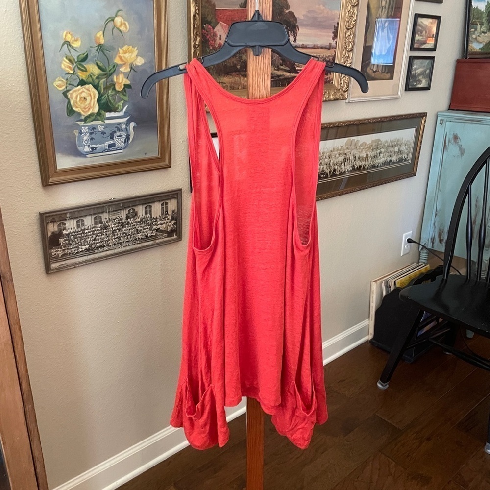 Eileen Fisher petite 100% linen slouch racer back tunic tank pockets PM orange - Picture 6 of 9